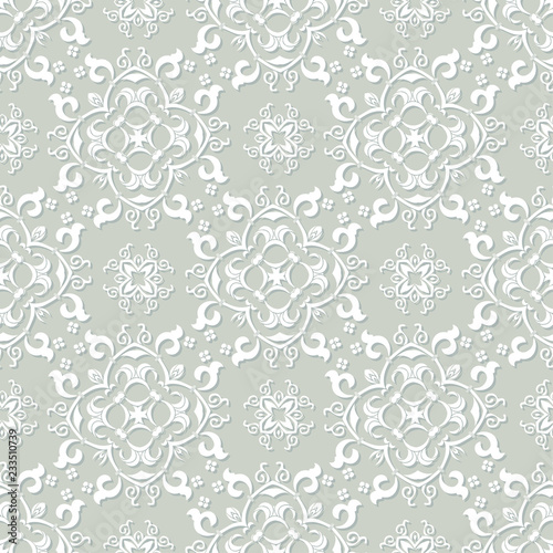 Silver grey and white damask seamless pattern. Victorian old style  luxury ornament.