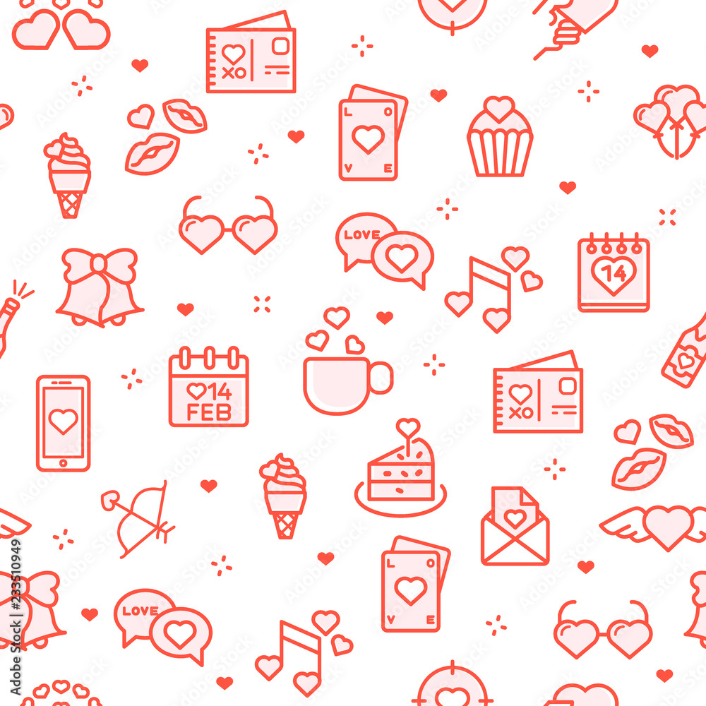 Valentine seamless pattern with thin line icons of love, Valentine, decoration, heart, wedding And Other Elements. Vector illustration for banner, web page, print media, advertisement. Valentine seamless pattern with thin line icons of love, Valentine, decoration, heart, wedding And Other Elements. Vector illustration for banner, web page, print media, advertisement.