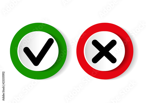 Green tick symbol and red cross sign in circle. Icons for evaluation quiz.Vector illustration.