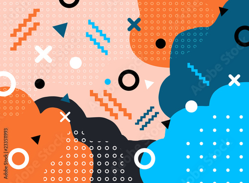 Abstract geometric form with line and dots pattern trendy memphis style on colorful background.