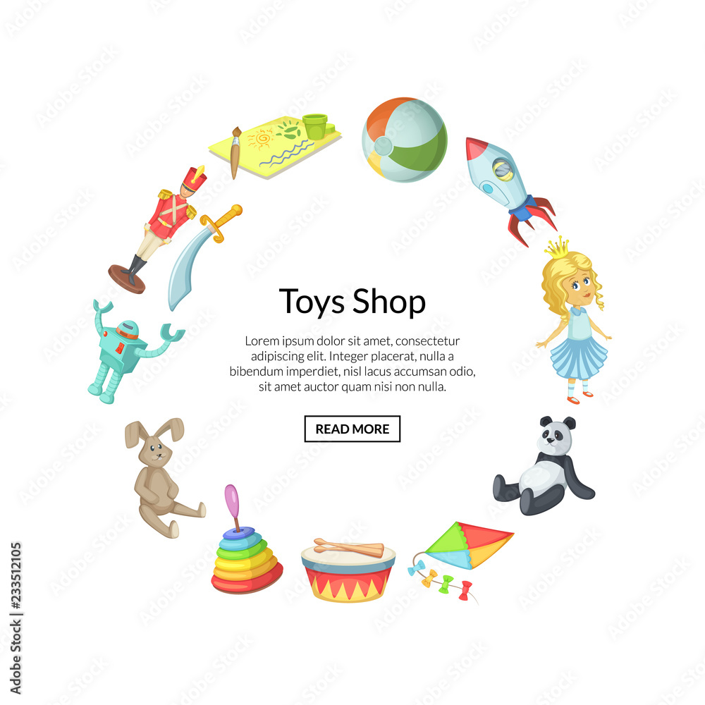 Vector cartoon children toys in circle shape with place for text illustration isolated on white background Vector cartoon children toys in circle shape with place for text illustration isolated on white background