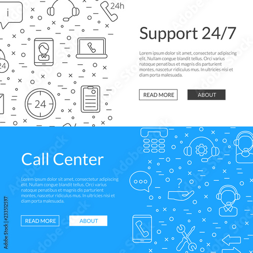 Website and poster page vector line call support center icons web banner templates illustration