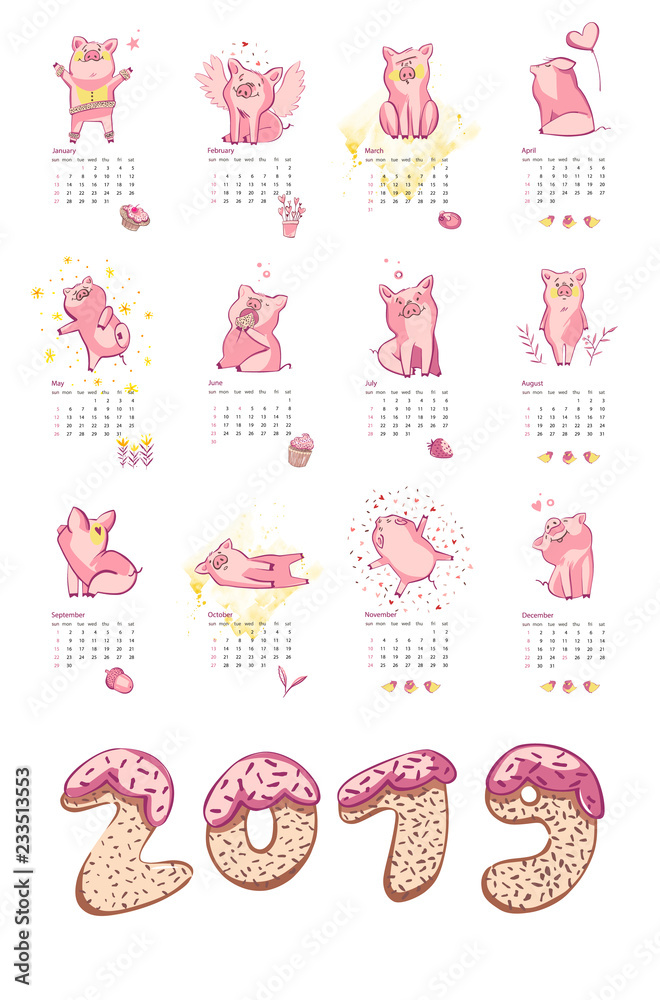 Monthly creative calendar 2019 with cute pig. Concept, vector vertical editable template. Symbol of the year in the Chinese calendar. Vector illustration.