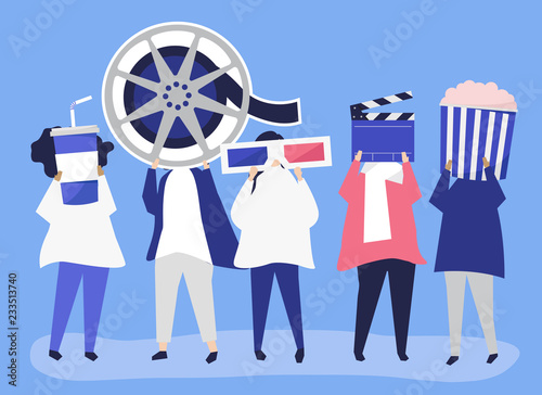 Characters of people holding movie icons illustration