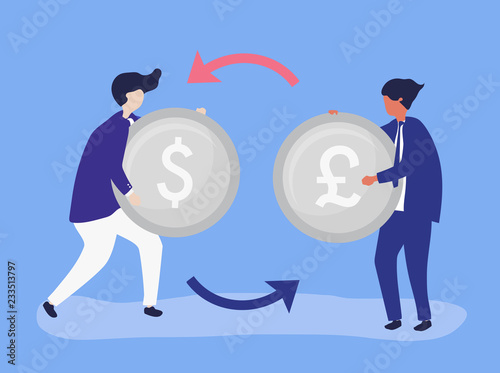 Characters of two businessmen exchanging currency illustration