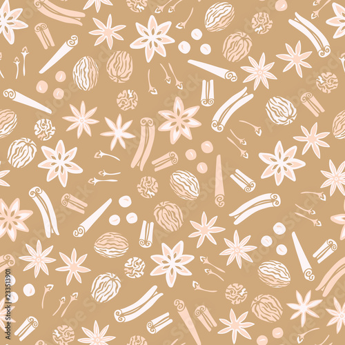 Holiday spices seamless vector repeat pattern background with star anise, cinnamon, nutmeg and clove.