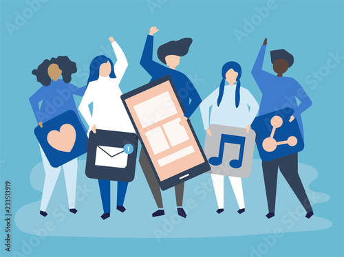 Characters of people holding social networking icons illustration