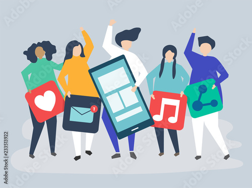 Characters of people holding social networking icons illustration