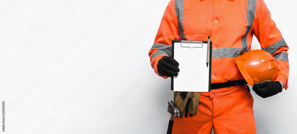 Building contract. Fix list. To do list. Builder worker is holding a blank document and a hard hat in his hands on white background. Building agreement mockup. Measure results or construction bill.