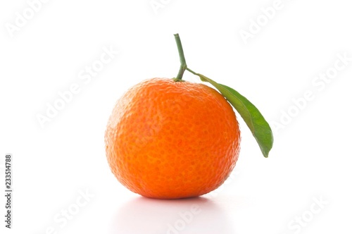 tangerine with green leaf isolated on white background