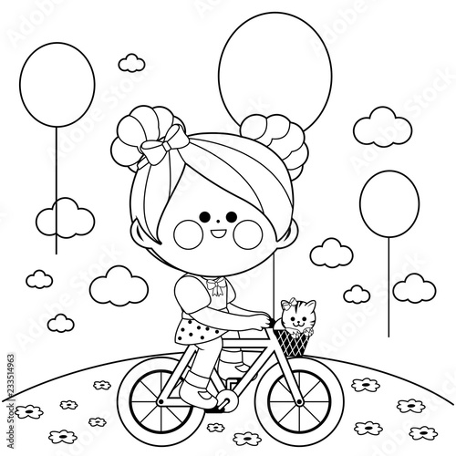 Girl riding a bicycle at the park. Vector black and white coloring page.
