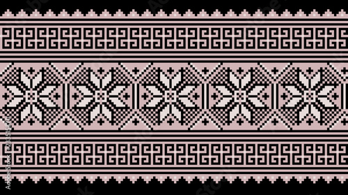 Vector illustration of Ukrainian folk seamless pattern ornament. Ethnic ornament. Border element. Traditional Ukrainian, Belarusian folk art knitted embroidery pattern - Vyshyvanka.