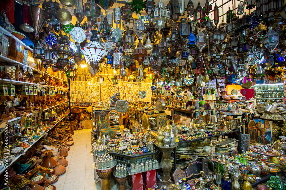 Handmade accessories and colourful beads jewelry at store in the Medina of Marrakech, Morocco.