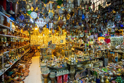 Handmade accessories and colourful beads jewelry at store in the Medina of Marrakech, Morocco.