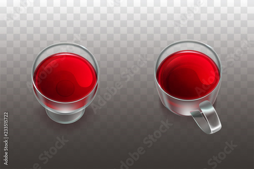 Red wine in beaker and fruit tea or cherry juice in glass cup realistic vector icon isolated on transparent background. Alcohol drink in glassware degustation mockup. Mulled wine 3d illustration