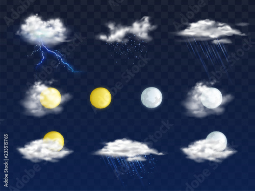 Set of weather forecast app realistic vector icons with various clouds, sun and moon disks illustration isolated on transparent background. Meteorologic calendar day, night 3d pictograms collection