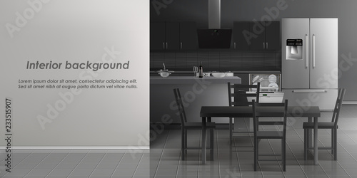 Vector mockup of kitchen room interior with household appliances, refrigerator, dishwasher with dishes, dining table with chairs, gray tiled floor. Minimalist modern design, template for roll banner