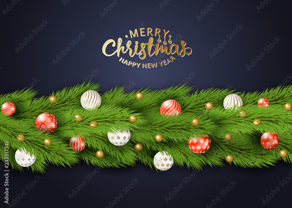 Holiday's Background with Season Wishes and Border of Realistic Looking Christmas Tree Branches Decorated with balls