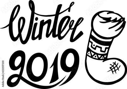 Christmas decoration kit. Lettering. Happy New year theme. Sock for gifts. Winter holidays. Vector illustration