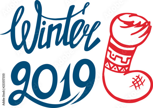 Christmas decoration kit. Lettering. Happy New year theme. Sock for gifts. Winter holidays. Vector illustration