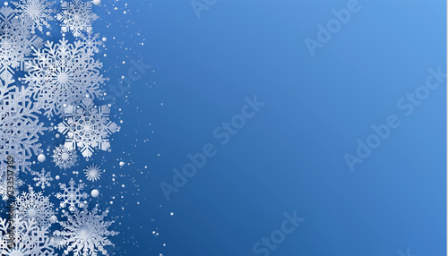 White Paper cut snow flake greeting background, Merry Christmas and Happy New Year banner, winter origami, snowfall papercut poster. Vector Snowflake frame, paper snow modern card, trendy ornament. photo