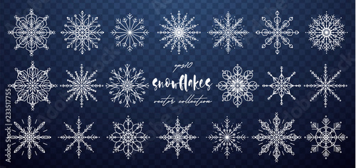 Vector hand drawn Snowflakes collection. Merry Christmas and Happy New Year snow flake decoration, snowflake silhouette set, shapes, line art. Vector Snowflakes illustration.