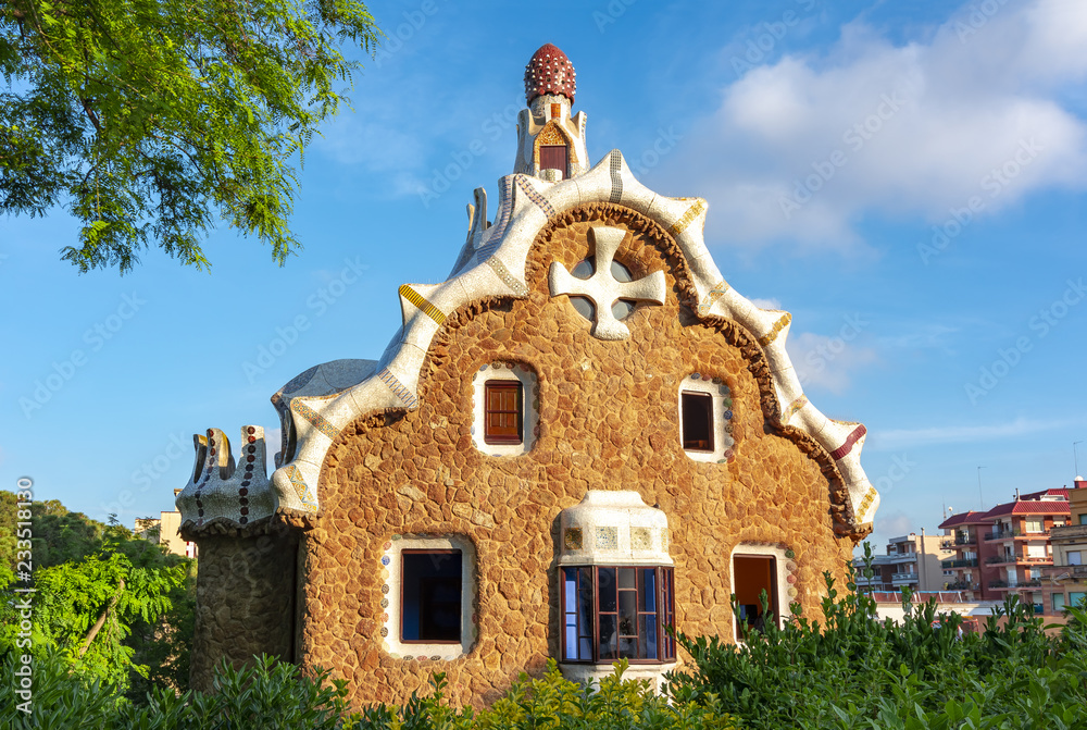 Fancy pavilion in Guell park, Barcelona, Spain