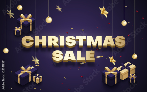 Christmas sale promo poster with golden 3d gifts.