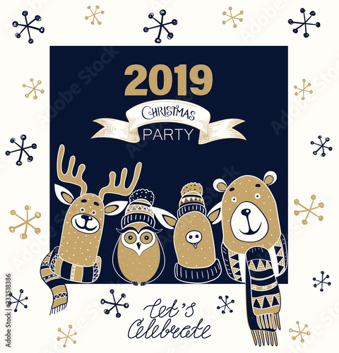Christmas party 2019 poster or invitation with cute cartoon animals.