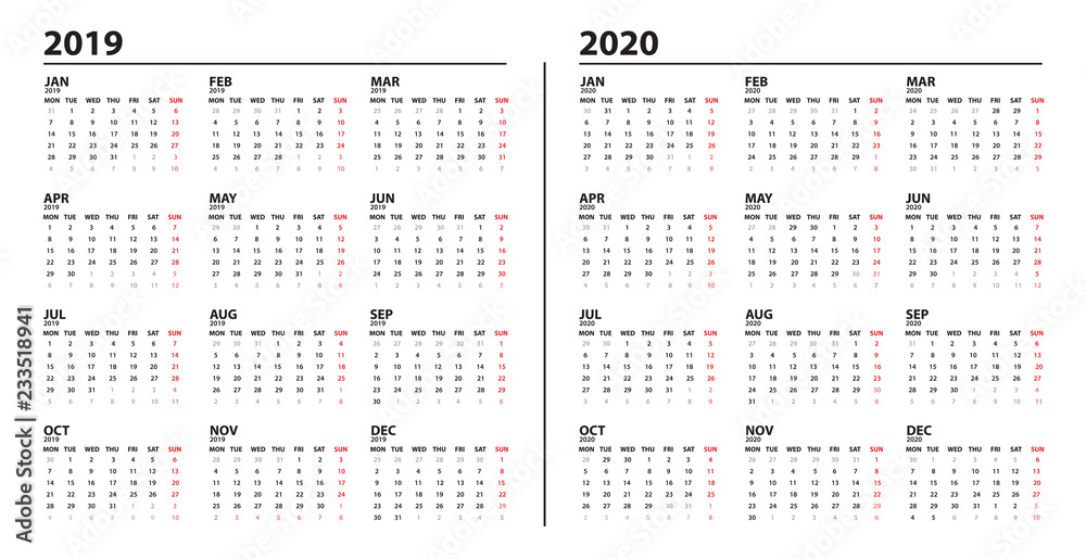 The calendar template 2019 and 2020 year for your design