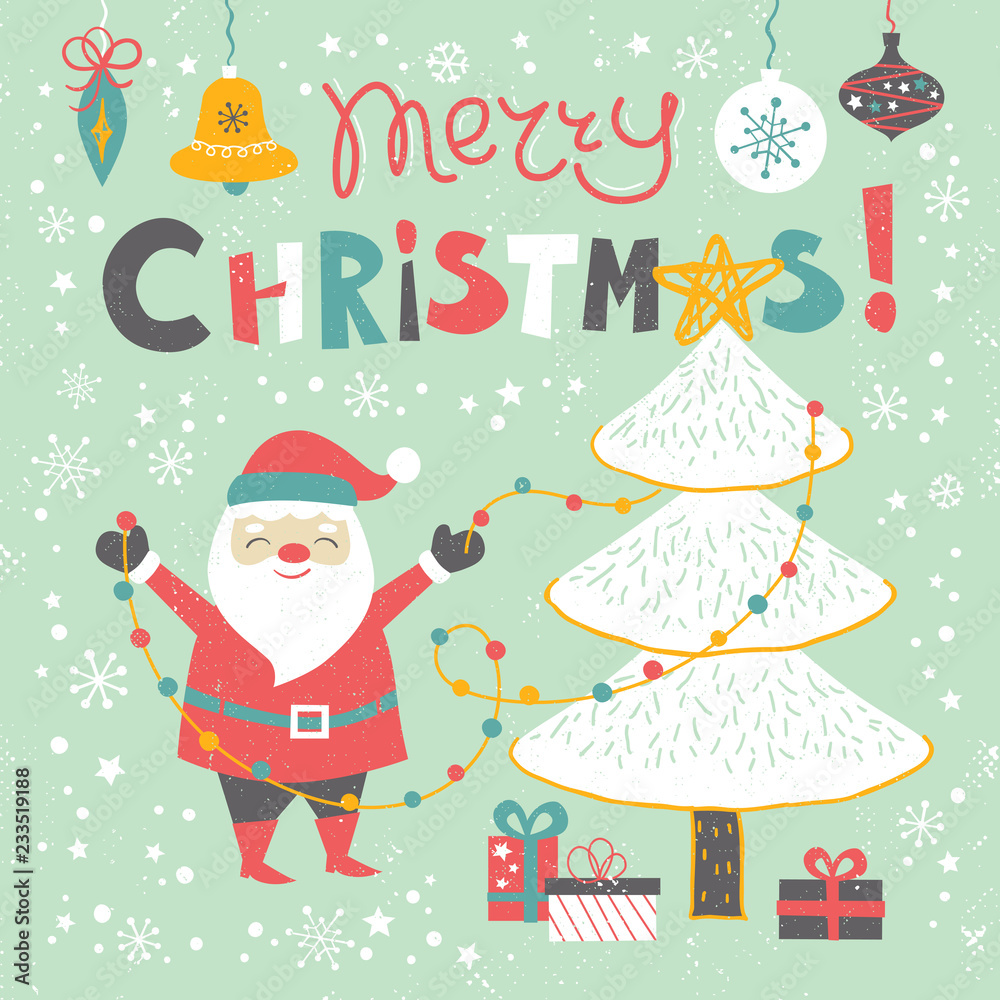 Fototapeta premium Merry Christmas card templates with hand drawn cute Santa Claus, holiday elements and lettering. Santa Claus decorating a Christmas tree. Christmas card. Grunge background. Vector illustration