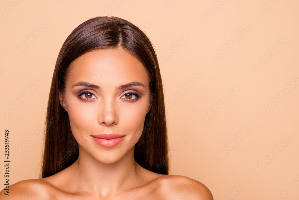 Close up photo of gorgeous good-looking adorable brunette hair l - obrazy, fototapety, plakaty 