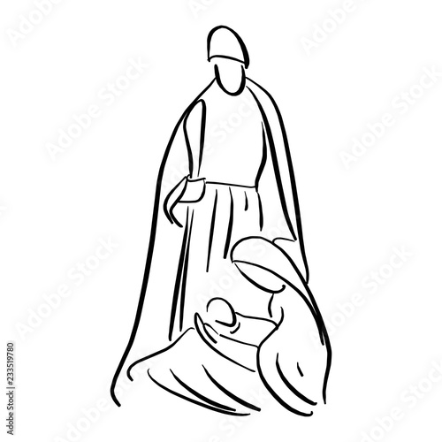 Nativity scene with Holy Family vector illustration sketch doodle hand drawn with black lines isolated on white background