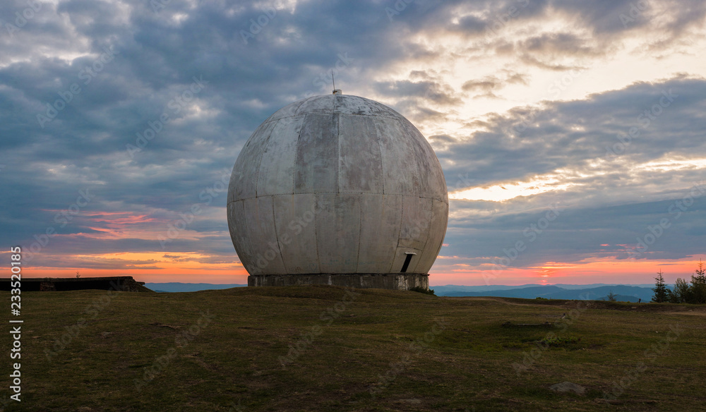 The old military facility is a tracking system. Radar base. Old giant dome  of a radar antenna of a Ukrainian military base. Apocalyptic view. foto de  Stock | Adobe Stock