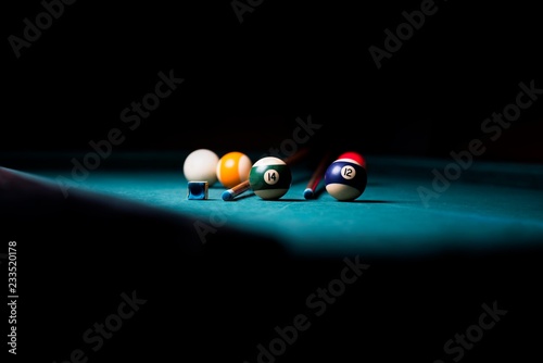 Obraz na plátně billiard table with cue and balls. billiard background