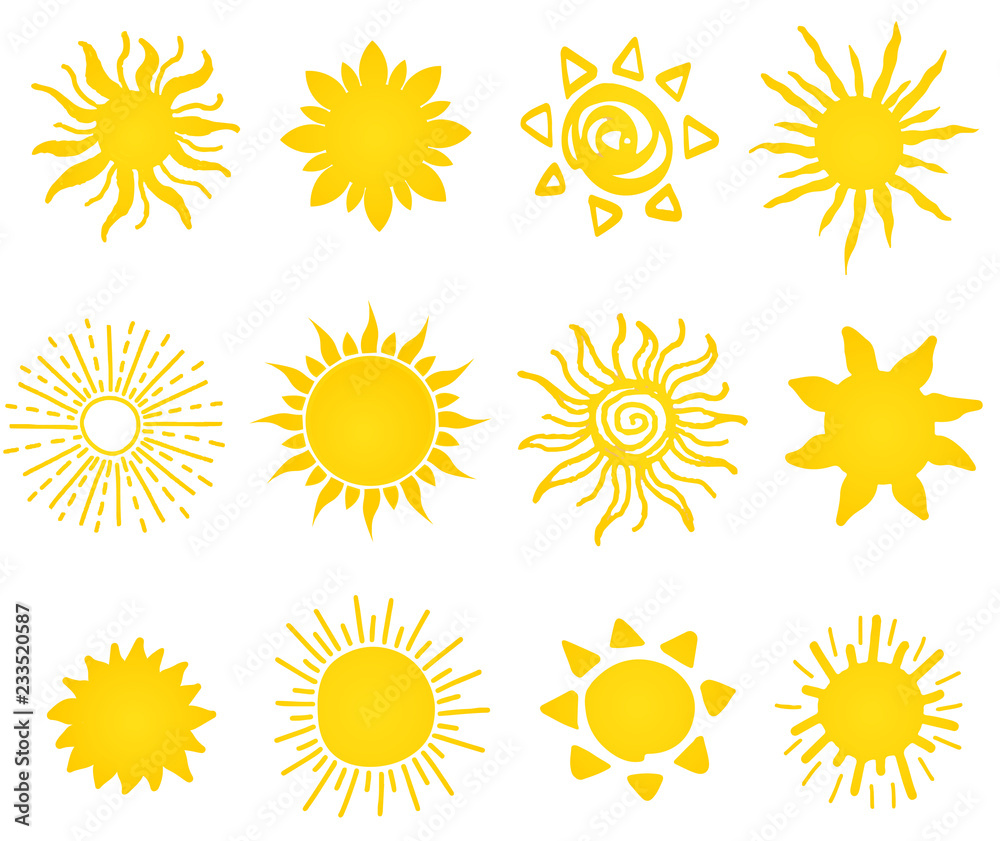 Hand drawn vector set of different suns icons