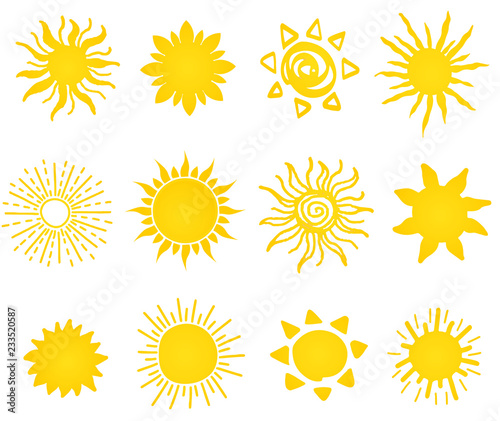 Hand drawn vector set of different suns icons