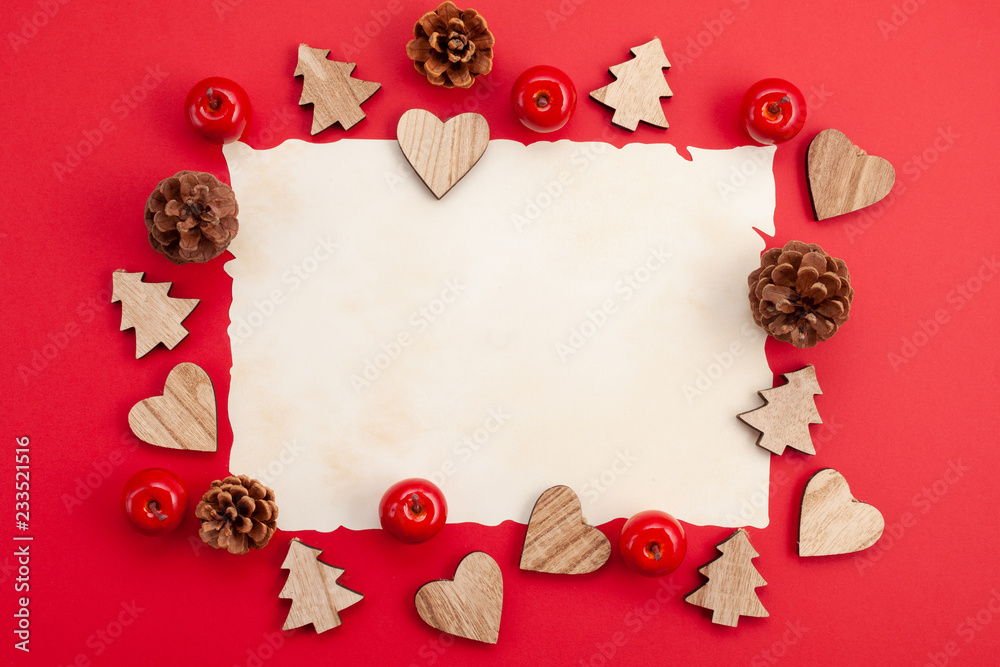 Festive christmas mockup over the red background with copy space for text and xmas decoration Festive christmas mockup over the red background with copy space for text and xmas decoration
