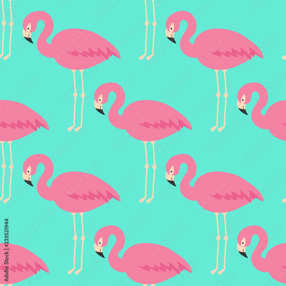 Naklejka premium Flamingo seamless pattern on mint green background.