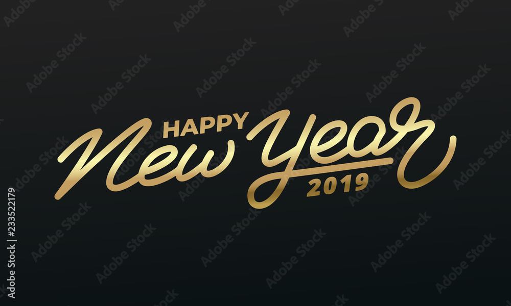 Happy New Year 2019. Holiday illustration of gold lettering. New Year label.