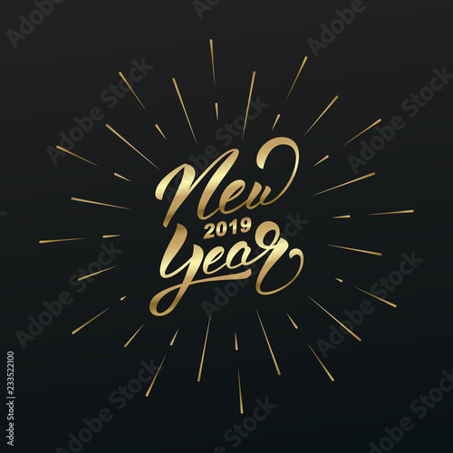 New Year 2019. Holiday illustration of gold lettering and firework burst.