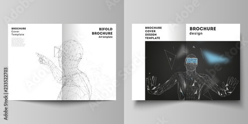 The vector layout of two A4 format cover mockups design templates for bifold brochure, magazine, flyer, booklet, report. Man with glasses of virtual reality. Abstract vr, future technology concept.