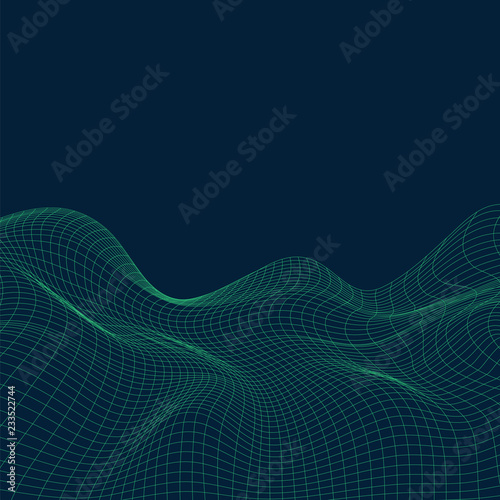 3D Abstract Virtual Landscape, Cyberspace Grid, Network - Technology Background, Vector Illustration