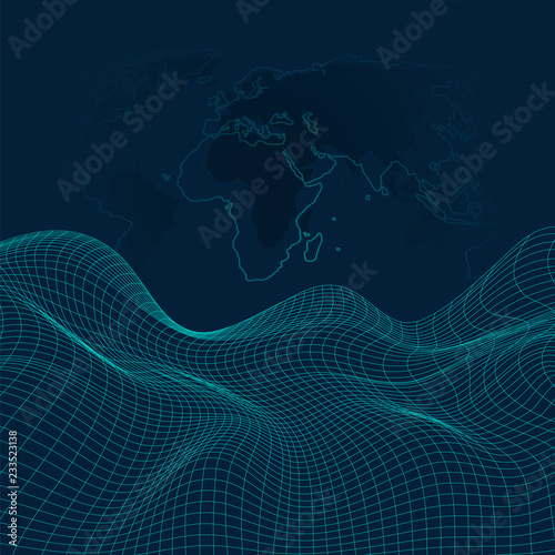 3D Abstract Virtual Landscape, Cyberspace Grid, Network - Technology Background, Vector Illustration