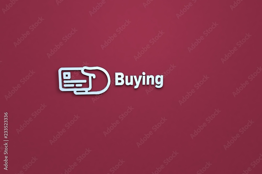 Illustration of Buying with light blue text on red background Illustration of Buying with light blue text on red background