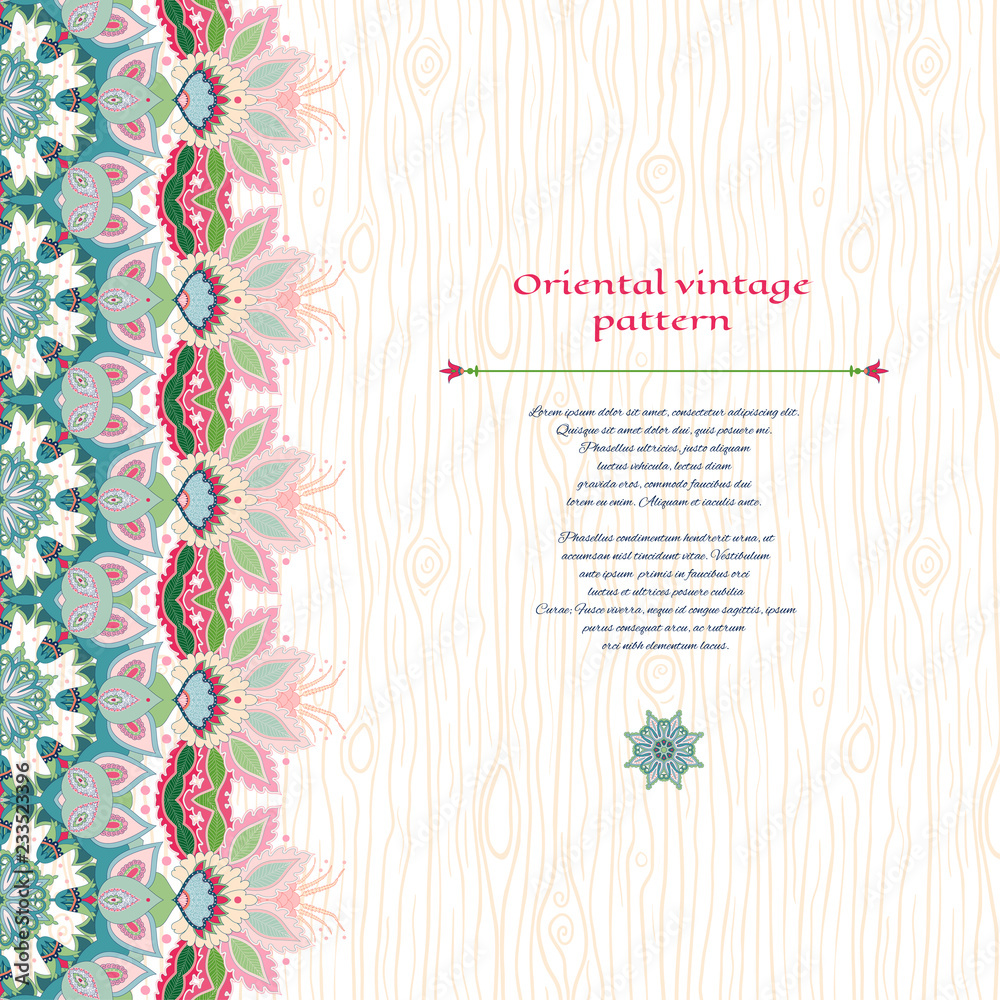 Vector card with border on wooden backdrop. Traditional indian flower ...