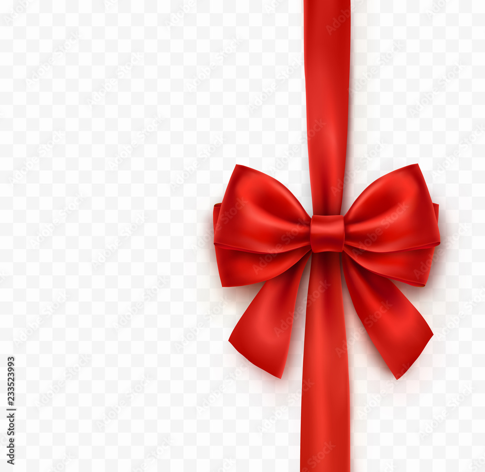 Bow isolated on transparent background. Vector Christmas red satin ribbon with shadow, xmas wrap element template.