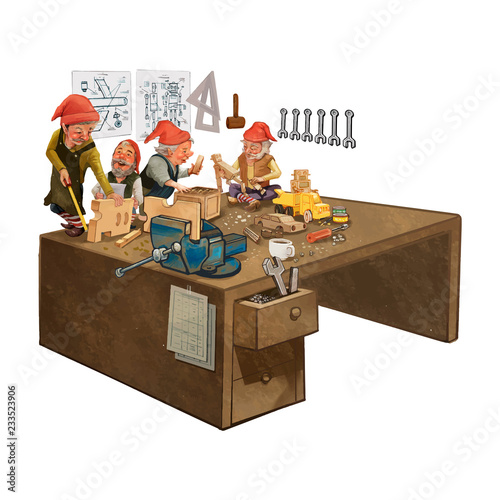 Group of elves working in a Santa&#39;s workshop