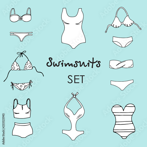 Vector illustration of women black and white outline swimsuit design set. Fashion bikini collection.