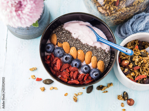 Yogurt raspberry smoothie bowl with goji berries and blueberries, almonds, chia seeds and granola on pastel turquoise wooden background. Plant based breakfast